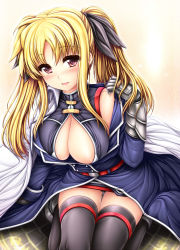 Rule 34 | 00s, 1girl, blonde hair, blush, bow, breasts, cape, cleavage, coat, fate testarossa, fate testarossa (impulse form), gauntlets, hair bow, highres, long hair, lyrical nanoha, magic circle, mahou shoujo lyrical nanoha strikers, open clothes, panties, red eyes, smile, solo, thighhighs, twintails, underwear, undressing, uni8