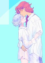 Rule 34 | 2023, 2girls, aqua background, artist name, bottomless, closed eyes, commentary request, couple, cowboy shot, cuddling, dated, dress shirt, from side, gundam, gundam suisei no majo, hair over shoulder, highres, holding, hug, light smile, long sleeves, miorine rembran, multiple girls, official alternate hair length, official alternate hairstyle, open mouth, red hair, shirt, short hair, simple background, sleeves past wrists, standing, suletta mercury, white shirt, yuri, yuri kyanon