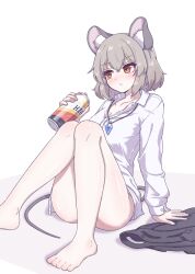 Rule 34 | 1girl, animal ears, ass, barefoot, blush, can, closed mouth, collared shirt, grey hair, hair between eyes, highres, hihi (cvwv4322), holding, holding can, jewelry, long sleeves, mouse ears, mouse tail, nazrin, pendant, red eyes, shirt, short hair, solo, tail, touhou, white shirt