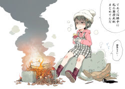 Rule 34 | 1girl, ano ko wa toshi densetsu, beanie, black hair, boots, box, brown eyes, brown hair, burning, campfire, cardboard box, child, cross-laced footwear, dress, fire, food, gomennasai, hair ornament, hairclip, hat, head bump, holding, holding food, hood, hood down, hoodie, ink, inkwell, lace-up boots, leaf, nib pen (object), paper, parted lips, pen, pink hoodie, plaid, plaid dress, red footwear, roasted sweet potato, shaded face, sitting, sitting on person, sleeveless, sleeveless dress, sleeves past wrists, smile, smoke, sweat, sweater, sweet potato, translation request, trembling, white background, white hat, zangyaku-san