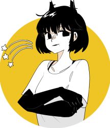 Rule 34 | 1girl, animal ears, black eyes, black hair, cat ears, colored skin, crossed arms, idkuroi, kokubunji suou, looking at viewer, mechanical ears, mole, mole under mouth, original, parted lips, shirt, short hair, short sleeves, smile, solo, upper body, white shirt, white skin