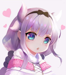 Rule 34 | 10s, 1girl, :o, beads, black bow, black hairband, blouse, blue eyes, blush stickers, bow, capelet, cross-laced clothes, dragon girl, dragon horns, dress, fur trim, gothic lolita, gradient hair, hair beads, hair bow, hair ornament, hairband, heart, horns, kanna kamui, kobayashi-san chi no maidragon, light purple hair, lolita fashion, long hair, long sleeves, looking at viewer, low twintails, mcaster, multicolored hair, open mouth, purple background, purple hair, shirt, simple background, solo, twintails, upper body, white hair