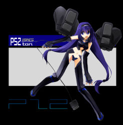 Rule 34 | 1girl, black thighhighs, blue hair, character name, console, full body, game console, hair between eyes, highres, long hair, nagare hyougo, os-tan, personification, playstation 2, playstation controller, product girl, ps2-tan, solo, thighhighs, very long hair