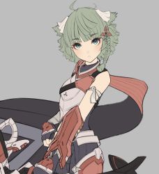 Rule 34 | 1other, ahoge, animal ears, armor, bow (weapon), braid, breastplate, cat ears, clothing cutout, fingerless gloves, gauntlets, gloves, green eyes, green hair, hair ornament, hakusai (hksicabb), highres, juniper (xenoblade), looking at viewer, navel, navel cutout, other focus, pale skin, short hair, shoulder armor, simple background, solo, weapon, xenoblade chronicles (series), xenoblade chronicles 3