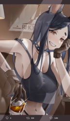 Rule 34 | 1girl, :d, alcohol, animal ears, arknights, bare arms, bare shoulders, black hair, black panties, blush, breasts, bright pupils, brown eyes, brown gloves, camisole, cleavage, collar, collarbone, covered erect nipples, cup, dobermann (arknights), dog ears, gloves, grin, hand on own cheek, hand on own face, hikimayu, holding, holding cup, ice, ice cube, indoors, large breasts, long hair, looking at viewer, material growth, mole, mole under eye, navel, open mouth, oripathy lesion (arknights), panties, parted bangs, parted lips, rhodes island logo (arknights), sama (sama24654684), see-through, see-through camisole, sitting, smile, solo, sparkle, spiked collar, spikes, strap slip, table, teeth, thong, twitter, underwear, underwear only, whiskey