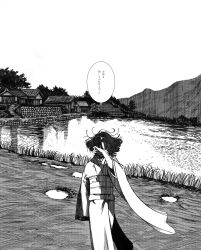 Rule 34 | 1girl, absurdres, ameishi, ballpoint pen (medium), black hair, building, covered face, grass, greyscale, hand on own face, highres, japanese clothes, kimono, medium hair, monochrome, mountain, nature, obi, original, outdoors, river, sash, sky, solo, speech bubble, standing, traditional media, translation request, tree, village, water, wide sleeves