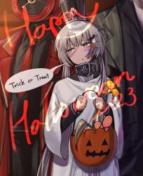 Rule 34 | 1boy, 1girl, 1other, 2023, absurdres, black dress, black pants, black shirt, charon (project moon), clock, collared shirt, dante (limbus company), dress, food, ghost costume, grey hair, grey headwear, happy halloween, highres, holding, holding food, holding pumpkin, holding vegetable, jack-o&#039;-lantern, limbus company, long hair, long sleeves, low twintails, na-gyou (nunumaru), necktie, object head, pants, parted lips, patchwork skin, project moon, pumpkin, red necktie, shirt, twintails, vegetable, vergilius (project moon), very long hair