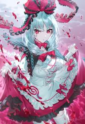 Rule 34 | 1girl, apron, blood, blood on face, bow, breasts, closed mouth, collared dress, commentary request, cross, dress, dress bow, fingernails, frills, green hair, grey apron, grey background, grey thighhighs, hair between eyes, hair bow, hands up, highres, kagiyama hina, long fingernails, looking to the side, medium breasts, medium hair, nail polish, pink background, pink bow, puffy short sleeves, puffy sleeves, purple dress, red bow, red eyes, red nails, short sleeves, solo, standing, teeth, thighhighs, touhou, u u zan