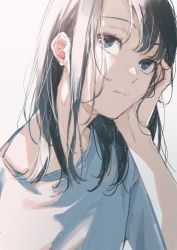 Rule 34 | 1girl, black hair, blue eyes, expressionless, head rest, highres, long hair, original, sako (35s 00), shadow, shirt, simple background, solo, upper body, white background, white shirt