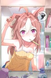 Rule 34 | 1girl, ahoge, animal ears, bare shoulders, bathroom, blush stickers, breasts, cleavage, collarbone, commentary request, copano rickey (umamusume), faucet, gamyuu (gamyu), hair between eyes, hair down, hair intakes, hand on own ear, highres, horse ears, horse girl, long hair, medium breasts, messy hair, mirror, purple eyes, shampoo, solo, spaghetti strap, speech bubble, spoken squiggle, squiggle, strap slip, tail, toothbrush in mouth, umamusume, upper body