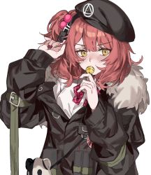 Rule 34 | 1girl, aogisa, bad id, bad twitter id, beret, blush, candy, commission, food, girls&#039; frontline, hat, highres, holding, holding candy, holding food, holding lollipop, lollipop, medium hair, mp7 (girls&#039; frontline), nail polish, red hair, side ponytail, simple background, skeb commission, solo, white background, yellow eyes
