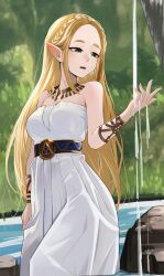 Rule 34 | 1girl, absurdres, anizi, armlet, bare shoulders, belt, blonde hair, braid, breasts, crown braid, dress, feet out of frame, green eyes, highres, large breasts, long hair, nintendo, pointy ears, princess zelda, solo, teeth, the legend of zelda, the legend of zelda: breath of the wild, triforce print, upper teeth only, water, white dress