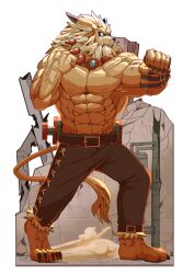 1boy abs absurdres bare_pectorals barefoot belt biceps black_pants blue_eyes brick_wall claws clenched_hands crack cracked_wall digimon digimon_(creature) dust fighting_stance furry furry_male groin highres industrial_pipe jewelry large_pectorals leomon lion lion_tail male_focus mane muscular muscular_male necklace nipples orb pants pectorals scar scar_on_arm stitches sword tail veins weapon white_background yahuiasiahao520