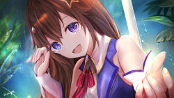 Rule 34 | 1girl, :d, beckoning, blue eyes, blue vest, brown hair, collared shirt, diamond hair ornament, dutch angle, hair between eyes, hair flaps, hair ornament, hairclip, highres, hololive, idol, long hair, looking at viewer, neck ribbon, open mouth, outstretched hand, reaching, reaching towards viewer, red ribbon, ribbon, shirt, signature, sleeveless, sleeveless shirt, smile, solo, star (symbol), star hair ornament, tokino sora, tokino sora (1st costume), twitter username, upper body, vest, virtual youtuber, white shirt, wnaph