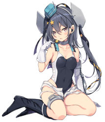 Rule 34 | 1girl, aqua headwear, arm up, black one-piece swimsuit, breasts, brown eyes, candy, choker, collarbone, competition swimsuit, covered navel, earbuds, earphones, elbow gloves, food, garrison cap, garter straps, gloves, grey hair, hair between eyes, hair ornament, hair ribbon, hat, headgear, highleg, highleg swimsuit, holding, holding food, kantai collection, leg armor, lollipop, looking at viewer, odawara hakone, one-piece swimsuit, open mouth, ribbon, scamp (kancolle), short shorts, shorts, side ponytail, sitting, small breasts, star (symbol), star hair ornament, swimsuit, thigh strap, white gloves