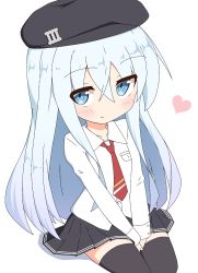 Rule 34 | 1girl, between legs, black hat, black skirt, black thighhighs, blue eyes, blue hair, blush, cabbie hat, closed mouth, collarbone, collared shirt, commentary request, dress shirt, hair between eyes, hand between legs, hat, heart, hibiki (kancolle), highres, ichi (ichi.colors), kantai collection, long hair, long sleeves, necktie, pleated skirt, red necktie, shadow, shirt, sitting, skirt, sleeves past wrists, smile, solo, thighhighs, very long hair, white background, white shirt