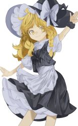 Rule 34 | 1girl, apron, arm up, bow, braid, dress, frilled hat, frills, hair bow, hat, hat bow, highres, himagon, kirisame marisa, long hair, short sleeves, side braid, skirt, smile, solo, touhou, waist apron, witch hat, yellow eyes