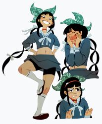 Rule 34 | 1girl, black eyes, black hair, black shorts, blue shirt, blue skirt, blush, bow, chabashira tenko, closed eyes, closed mouth, commentary, danganronpa (series), danganronpa v3: killing harmony, english commentary, green bow, hair bow, hands on own cheeks, hands on own face, highres, layered skirt, long hair, looking at viewer, midriff, mole, mole under mouth, multiple views, mutie (timestables), navel, sailor collar, sandals, shirt, shorts, shorts under skirt, simple background, skirt, socks, standing, standing on one leg, twintails, very long hair, white background, white socks