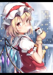 Rule 34 | 1girl, blonde hair, blush, breath, cityscape, closed mouth, crystal, flandre scarlet, frilled sleeves, frills, from side, hair between eyes, hat, hat ribbon, heart, heart print, holding, letterboxed, looking to the side, mittens, mob cap, motion blur, outdoors, pom pom (clothes), puffy short sleeves, puffy sleeves, railing, red eyes, red ribbon, red shirt, ribbon, sailor collar, shiero., shirt, short sleeves, smile, snowing, solo, tareme, touhou, upper body, white hat, wings, yellow mittens