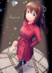 Rule 34 | 1girl, b.ren, blue eyes, blurry, blush, bokeh, boots, bow, brown hair, coat, depth of field, determined, full body, hair between eyes, hair bow, hands in pockets, highres, long hair, looking at viewer, love live!, love live! nijigasaki high school idol club, osaka shizuku, red trench coat, solo, trench coat, umbrella, v-shaped eyebrows