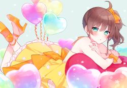 Rule 34 | 1girl, absurdres, ahoge, balloon, bare arms, bare shoulders, blue background, blush, bow, brown hair, chiyomaru (yumichiyo0606), dress, frilled dress, frills, green eyes, hair between eyes, hair bow, heart balloon, high heels, highres, hololive, legs up, long hair, looking at viewer, lying, natsuiro matsuri, on stomach, orange bow, orange footwear, parted lips, pleated dress, shoe soles, side ponytail, simple background, solo, star (symbol), strapless, strapless dress, virtual youtuber, yellow dress