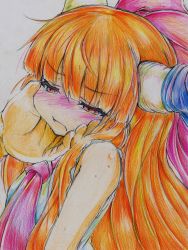 Rule 34 | 1girl, absurdres, bad id, bad pixiv id, blush, bow, colored pencil, hair bow, hand on another&#039;s cheek, hand on another&#039;s face, highres, horns, ibuki suika, long hair, nichibotsu (kitaziman), orange hair, pencil, pout, red eyes, solo focus, tears, touhou