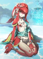 Rule 34 | 1girl, anklet, barefoot, belt, bracelet, breasts, fins, fountain, gills, highres, jewelry, looking at viewer, mipha, monster girl, navel, necklace, nintendo, nipples, nyoro (nyoronyoro000), outdoors, pussy, sitting, smile, solo, tail, the legend of zelda, the legend of zelda: breath of the wild, third-party edit, wariza, webbed hands, yellow eyes, zora