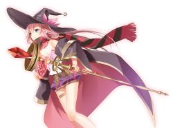 Rule 34 | 1girl, asukai mao, bare shoulders, blue eyes, cape, hat, hexagram, long hair, magic circle, murakami yuichi, official art, pink hair, scarf, shorts, solo, staff, strapless, thigh strap, unsimulated incubator, white background, witch, witch hat