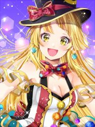Rule 34 | 1girl, back bow, bad id, bad twitter id, bang dream!, black hat, blonde hair, blurry, bokeh, bow, bowtie, breasts, cleavage, depth of field, detached sleeves, dress, earrings, frilled sleeves, frills, hat, hat ribbon, ito22oji, jewelry, long hair, looking at viewer, medium breasts, polka dot neckwear, pom pom (clothes), red bow, red bowtie, red ribbon, ribbon, short sleeves, smiley face, solo, sparkle, top hat, tsurumaki kokoro, upper body, yellow eyes