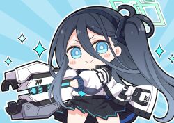 Rule 34 | 1girl, aris (blue archive), black hair, black hairband, black skirt, blue archive, blue eyes, blush, hairband, halo, highres, holding, holding weapon, jacket, long hair, long sleeves, looking at viewer, nejikirio, one side up, pleated skirt, railgun, skirt, smug, solo, sparkle, upper body, v-shaped eyebrows, very long hair, weapon, white jacket