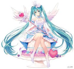 Rule 34 | 1girl, alternate costume, angel wings, argyle, argyle clothes, argyle dress, bare legs, bare shoulders, blue dress, blue eyes, blue flower, blue hair, blue ribbon, blush, cake, closed mouth, collar, collarbone, commentary request, crown, crypton future media, detached collar, dress, elbow gloves, eyelashes, eyes visible through hair, feathered wings, flat chest, flower, food, frilled collar, frilled dress, frills, full body, gloves, hair between eyes, hair flower, hair ornament, halter dress, halterneck, happy, hatsune miku, head tilt, heart, holding, holding staff, knees together feet apart, layered dress, long dress, long hair, mini crown, neck ribbon, necomi, no nose, no shoes, official art, patterned clothing, pink flower, plate, purple flower, ribbon, rose, simple background, sitting, sitting on food, smile, socks, solo, staff, striped ribbon, tareme, twintails, very long hair, vocaloid, white background, white flower, white gloves, white rose, white socks, wings