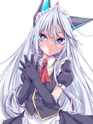Rule 34 | 1girl, :&lt;, android, animal ears, blue eyes, fake animal ears, hair between eyes, highres, joints, kuudere, long hair, looking at viewer, maid, maid headdress, original, own hands clasped, robot ears, robot girl, robot joints, shaped pupil, shoulder gloves, suterii, very long hair, white hair