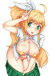 Rule 34 | 1girl, :3, :p, ahoge, areola slip, bikini, bikini bottom only, blonde hair, breasts, breasts out, cameltoe, clothes pull, covered erect nipples, cowboy shot, enarane, female focus, flashing, green eyes, hair ornament, hanging breasts, head tilt, heart, heart-shaped pupils, large areolae, large breasts, leaning forward, lia (soccer spirits), long hair, looking at viewer, micro bikini, no bra, open clothes, open shirt, panties, pasties, ponytail, revealing clothes, shirt, simple background, skirt, skirt pull, soccer spirits, solo, standing, swimsuit, symbol-shaped pupils, thighs, tongue, tongue out, underwear, undressing, v, very long hair, white background, yellow bikini, yellow panties