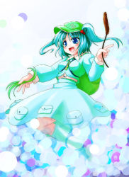Rule 34 | 1girl, blue eyes, female focus, green hair, hair bobbles, hair ornament, hat, hisame genta, jewelry, kawashiro nitori, key, open mouth, pendant, solo, touhou, twintails, two side up
