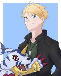 Rule 34 | 1boy, artist name, black jacket, black sleeves, blonde hair, blue background, blue eyes, border, closed mouth, collarbone, commentary, digimon, digimon (creature), digimon adventure, digimon adventure: last evolution kizuna, dog tags, english commentary, furry, furry male, gabumon, green shirt, highres, horns, ishida yamato, jacket, jaime (jai spt), long sleeves, looking at viewer, male focus, open mouth, outside border, pointy nose, red eyes, shadow, sharp teeth, shirt, short hair, simple background, single horn, smile, solo, spiked hair, teeth, upper body, v-shaped eyebrows, white border