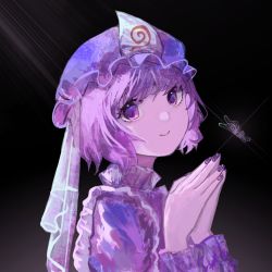 Rule 34 | 1girl, black background, closed mouth, diffraction spikes, eyebrows hidden by hair, frills, glint, hat, highres, long sleeves, looking at viewer, mob cap, nail polish, own hands together, purple eyes, purple hair, saigyouji yuyuko, short hair, sly930105, smile, solo, touhou, triangular headpiece, upper body