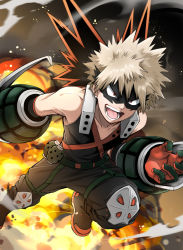 Rule 34 | 1boy, bakugou katsuki, bare shoulders, black gloves, black mask (clothing), blonde hair, boku no hero academia, boots, brown footwear, brown legwear, collarbone, commentary request, explosion, explosive, eye mask, foot out of frame, gloves, grenade, looking at viewer, male focus, mask, mouth mask, open mouth, pants, red eyes, red gloves, shirt, short hair, solo, spiked hair, teeth, two-tone gloves, vorupi