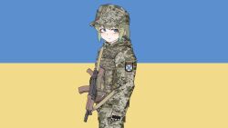 Rule 34 | 1girl, absurdres, blonde hair, blue eyes, camouflage, camouflage jacket, camouflage pants, gloves, gun, hat, highres, jacket, ammunition pouch, pants, rifle, russia, russo-ukrainian war, ukraine, ukrainian flag, weapon