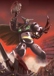Rule 34 | arm blade, axe, bad id, bad pixiv id, black getter, blood, blood stain, cape, clenched hand, clenched hands, extra eyes, fog, getter robo, highres, hiro (hibikigaro), mecha, no humans, robot, shin getter robo, solo, toei animation, torn clothes, weapon