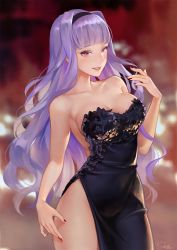 Rule 34 | 1girl, :d, alternate costume, bare shoulders, black dress, black hairband, blunt bangs, blurry, blurry background, breasts, chatalaw, cleavage, depth of field, dress, female focus, formal, hair intakes, hairband, hand up, idolmaster, idolmaster (classic), large breasts, light purple hair, lips, long hair, looking at viewer, nail polish, open mouth, pink eyes, red nails, round teeth, shijou takane, side slit, smile, solo, standing, strapless, strapless dress, teeth, upper teeth only, wavy hair