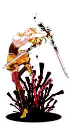 Rule 34 | 10s, 1girl, achiko-i, bad id, bad pixiv id, beret, blonde hair, boots, breasts, brown thighhighs, corset, dress, drill hair, gun, hat, leg up, magical girl, magical musket, mahou shoujo madoka magica, mahou shoujo madoka magica (anime), medium breasts, puffy sleeves, rifle, smile, solo, standing, standing on one leg, striped clothes, striped thighhighs, thighhighs, tomoe mami, vertical-striped clothes, vertical-striped thighhighs, weapon, yellow eyes, yellow theme