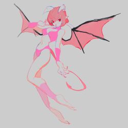Rule 34 | 1girl, breasts, closed mouth, demon girl, demon tail, demon wings, fingernails, flying, full body, hexedwithluck, highres, horns, large breasts, looking at viewer, monster farm, pink hair, pixie (monster farm), pointy ears, red eyes, revealing clothes, short hair, simple background, smile, solo, tail, wings