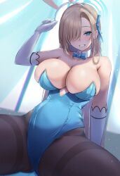 Rule 34 | 1girl, absurdres, animal ears, arm support, ass, asuna (blue archive), asuna (bunny) (blue archive), bare shoulders, black pantyhose, blonde hair, blue archive, blue bow, blue bowtie, blue eyes, blue halo, blue leotard, blue ribbon, bow, bowtie, breasts, collar, detached collar, fake animal ears, gloves, gluteal fold, grin, hair over one eye, hair ribbon, halo, highres, large breasts, leotard, long hair, mole, mole on breast, neko punch (user hddm3373), pantyhose, rabbit ears, removing headwear, ribbon, sitting, smile, solo, strapless, strapless leotard, thighband pantyhose, white collar, white gloves