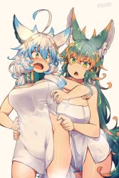 Rule 34 | 2girls, ahoge, animal ear fluff, animal ears, bare shoulders, blush, breasts, brown hair, chestnut mouth, cleavage, collar, commentary request, cowboy shot, fang, full-face blush, green eyes, hair between eyes, kuromiya, kuromiya raika (kuromiya), large breasts, long hair, looking at another, messy hair, multicolored hair, multiple girls, naked towel, open mouth, original, pinching, shiromiya asuka (kuromiya), short hair, tail, thighs, towel, two-tone hair, very long hair, white background, white hair
