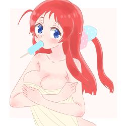 Rule 34 | 10s, 1girl, blue eyes, border, breasts, bursting breasts, cleavage, closed mouth, food, food in mouth, highres, ice cream, large breasts, long hair, looking at viewer, minamoto sakura, naked towel, outside border, popsicle, red hair, solo, standing, tekisui, towel, wet, white border, zombie, zombie land saga