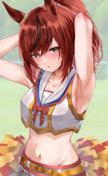 Rule 34 | 1girl, absurdres, alternate hairstyle, armpits, blurry, blurry background, breasts, cheerleader, collarbone, commentary, heavy breathing, highres, horse girl, koisuke, looking at viewer, medium breasts, nice nature (umamusume), official alternate costume, pom pom (cheerleading), ponytail, red hair, solo, sweat, umamusume