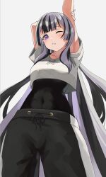Rule 34 | 1girl, absurdres, black hair, blush, breasts, covered navel, fire emblem, fire emblem engage, grey hair, grey pants, highres, long hair, looking at viewer, multicolored hair, nintendo, official alternate costume, official alternate eye color, pants, pearlbbbb, petite, skin tight, small breasts, smile, solo, sweatpants, two-tone hair, very long hair, veyle (fire emblem), wavy hair