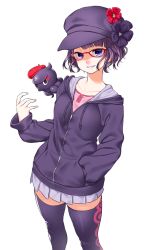 Rule 34 | 1girl, bespectacled, blush, commentary request, fate/grand order, fate (series), glasses, hand in pocket, hat, highres, hood, hoodie, katsushika hokusai (fate), looking at viewer, octopus, onsoku inu, pleated skirt, purple eyes, purple hat, purple thighhighs, red-framed eyewear, red hat, short hair, simple background, skirt, smile, thighhighs, white background, zettai ryouiki