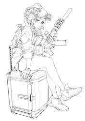 Rule 34 | 1girl, alma01, ar-15, assault rifle, box, brs47, bulletproof vest, earphones, eyelashes, gun, hair bun, helmet, highres, holding, holding gun, holding weapon, laser, looking at viewer, magazine (weapon), monochrome, on box, optical sight, original, red dot sight, rifle, shoes, short shorts, shorts, sitting, sitting on box, sketch, sneakers, solo, suppressor, thighs, weapon