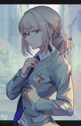 Rule 34 | 1girl, an-94 (antje) (girls&#039; frontline), an-94 (girls&#039; frontline), aqua eyes, blazer, blonde hair, blue necktie, buttoned cuffs, buttons, closed mouth, expressionless, feet out of frame, formal, girls&#039; frontline, glasses, grey jacket, grey suit, hair between eyes, headphones, highres, jacket, jewelry, letterboxed, long hair, looking at viewer, looking to the side, necktie, niac, ring, shirt, simple background, solo, standing, suit, suit jacket, twitter username, upper body, white shirt